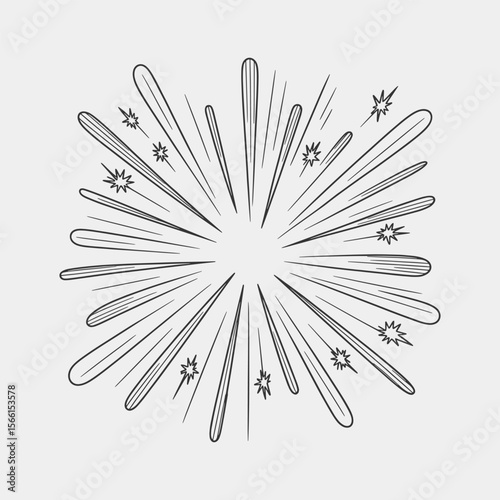 A black and white drawing of a fireworks explosion with a lot of stars.