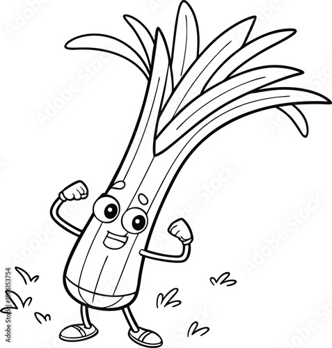 Cute proud leek flexing muscles for a coloring page