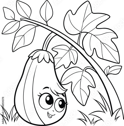 Cute shy eggplant hiding behind green leaves for a coloring book page