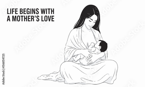 Mother breastfeeding her baby with text "Life begins with a mother's love"