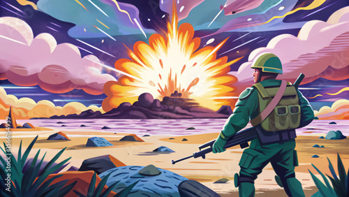 war concept art of an epic battlefield filled with armed soldiers, fiery explosions, smoke, and destruction perfect for military games, posters, and action-themed visuals