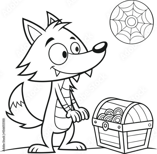 Cute werewolf character on a halloween treasure hunt for candy