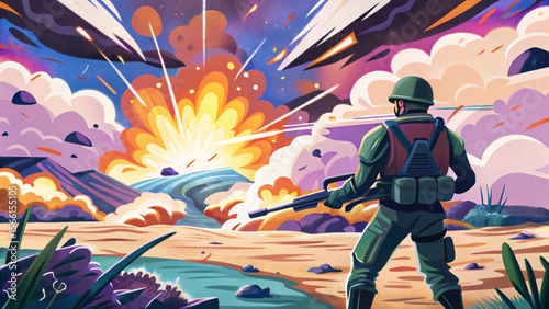 war concept art of an epic battlefield filled with armed soldiers, fiery explosions, smoke, and destruction perfect for military games, posters, and action-themed visuals