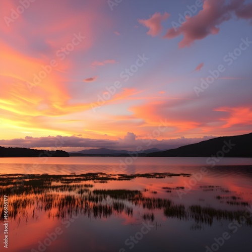 Scenic view of a lake reflecting a vibrant sunset with pink and orange clouds over distant mountains.