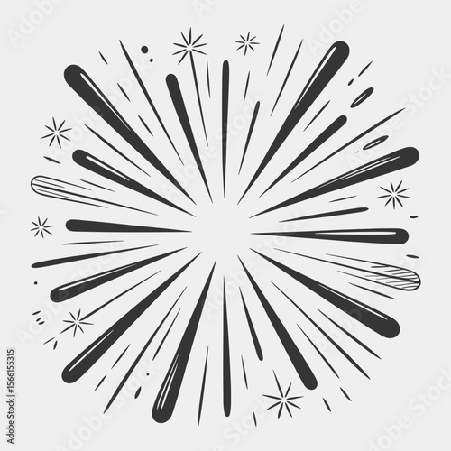 A black and white drawing of a fireworks explosion with a lot of stars.