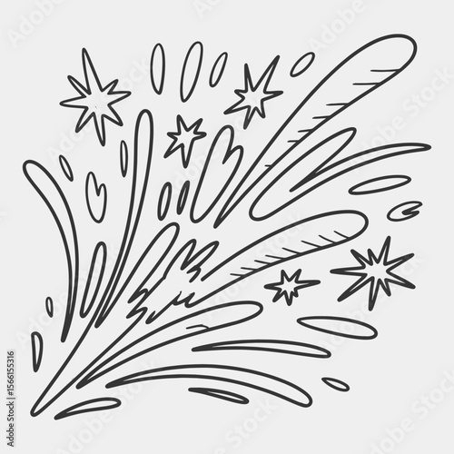 A black and white drawing of a fireworks explosion with a lot of stars.
