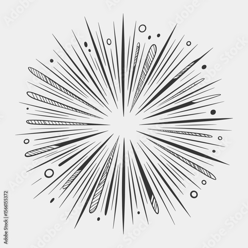 A black and white drawing of a fireworks explosion with a lot of stars.