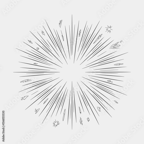 A black and white drawing of a fireworks explosion with a lot of stars.