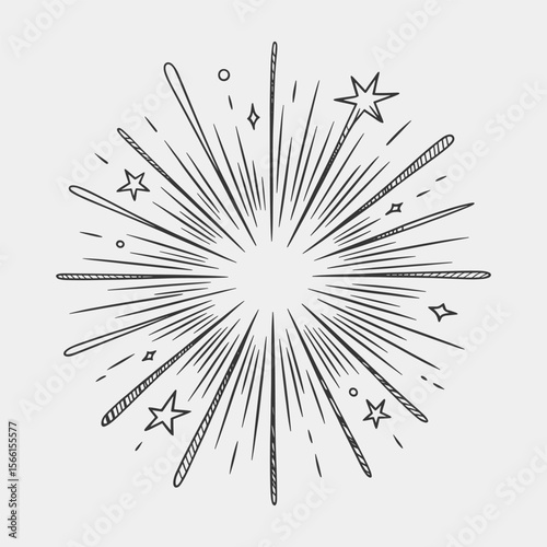 A black and white drawing of a fireworks explosion with a lot of stars.