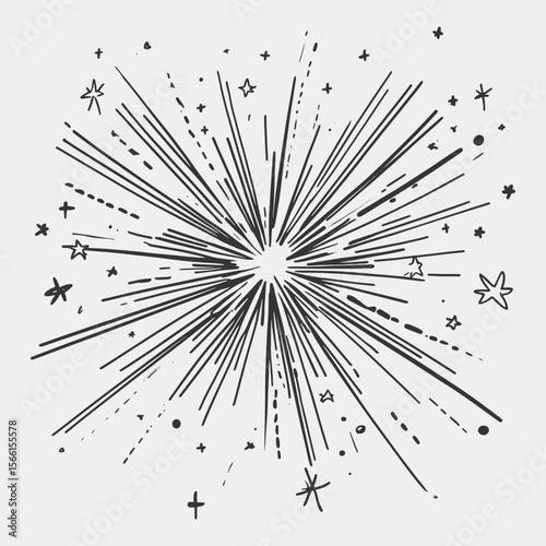 A black and white drawing of a fireworks explosion with a lot of stars.