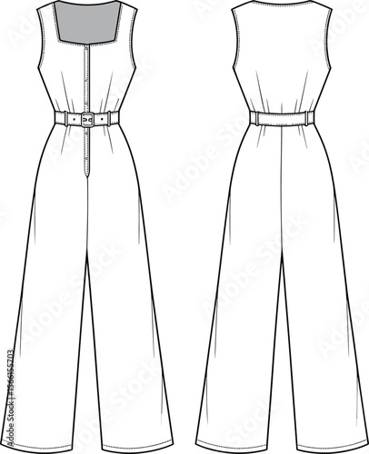 Sleeveless belted jumpsuit flat sketch with front zip, square neckline, wide leg, detailed seams, CAD technical fashion illustration