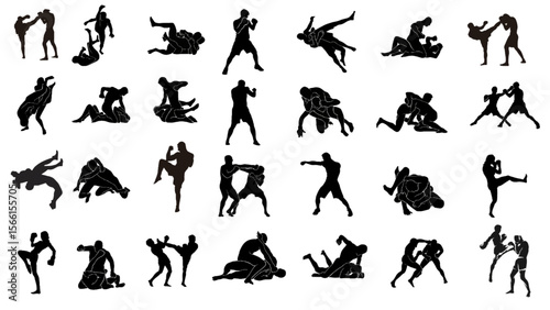 Collection of combat sports illustrations. Features fighters in action poses and ground techniques.