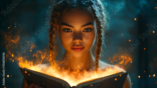 Cute girl with braided hair holding guidebook open in front of her glowing lighting and clean backdrop 