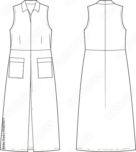 Sleeveless long shirt dress flat sketch with collar, front placket, patch pockets, waist seam, A-line shape, CAD fashion illustration