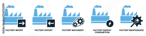 Set of factory icon vector, offering diverse industrial symbols for various manufacturing themes. Ideal for comprehensive representations of production, industry, and industrial parks.
