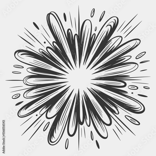 A black and white drawing of a fireworks explosion with a lot of stars.