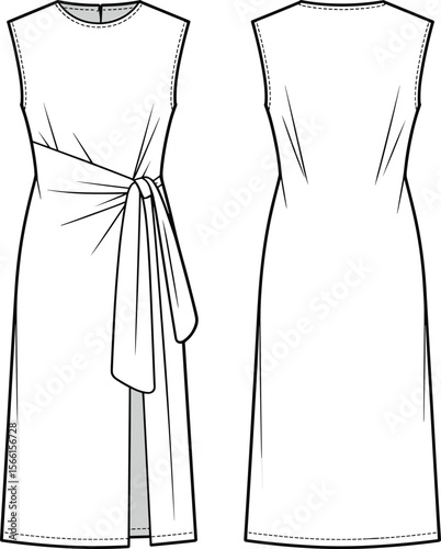 Sleeveless midi dress flat sketch with waist tie, front slit, darts, back seam, minimal style, CAD technical fashion illustration