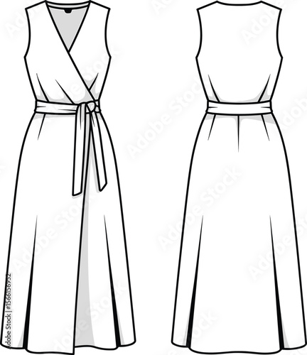 Sleeveless wrap dress with waist tie, A-line silhouette, technical flat fashion sketch front and back, vector template, clothing illustration