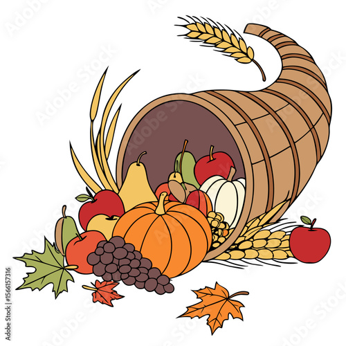 A bountiful cornucopia overflowing with autumn harvest fruits vegetables and grains on a black background