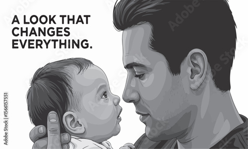A look that changes everything, father and baby in black and white