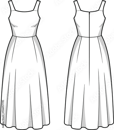 Long sleeveless flared dress with fitted bodice and back zipper, technical fashion flat sketch, front and back cad vector illustration