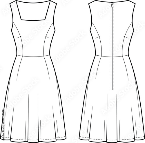 Sleeveless flared dress with square neckline and back zipper, front and back technical fashion flat sketch cad vector illustration