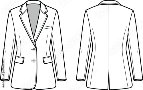 Women’s long blazer coat flat vector fashion sketch with lapel collar, two button design, front and back technical illustration