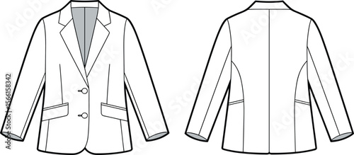 Formal blazer jacket flat vector cad drawing, fashion technical sketch front and back view, two button suit coat illustration