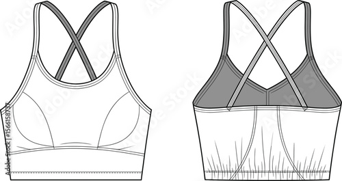 Sports bra technical vector illustration, front and back view, strappy racerback, fashion cad drawing for activewear garment design