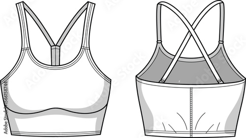 Sport bra vector fashion cad drawing, technical flat design, front and back, cross strap activewear top for workout illustration