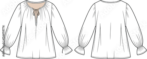 Long sleeve blouse flat sketch with ruffle cuff and tie neck detail, front and back technical fashion drawing, loose fit top