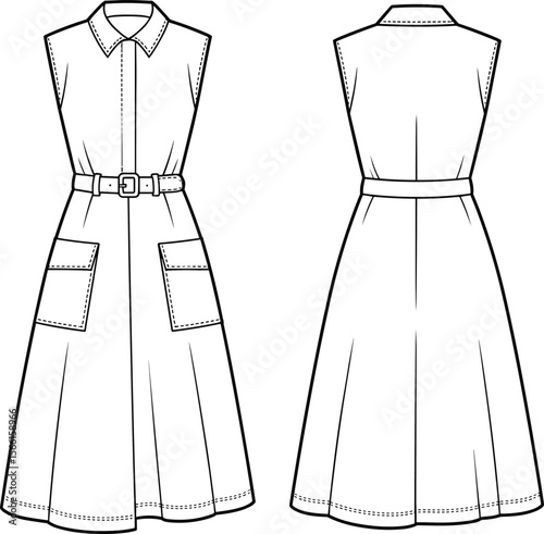 Sleeveless belted dress with collar and patch pockets, technical flat fashion cad sketch, front and back view vector illustration
