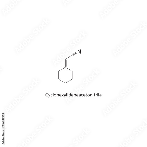 Cyclohexylideneacetonitrile skeletal structure. Nitrile compound schematic illustration. Simple diagram, chemical formula.