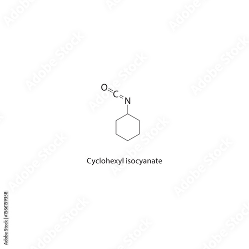 Cyclohexyl isocyanate skeletal structure. Isocyanate compound schematic illustration. Simple diagram, chemical formula.