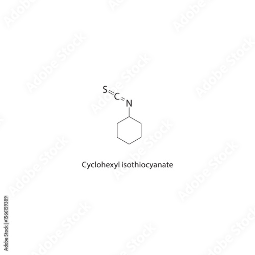 Cyclohexyl isothiocyanate skeletal structure. Isothiocyanate compound schematic illustration. Simple diagram, chemical formula.
