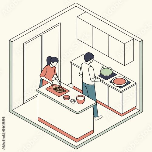 Isometric view of a couple preparing food in a kitchen with cabinets and cooking utensils on the stove top