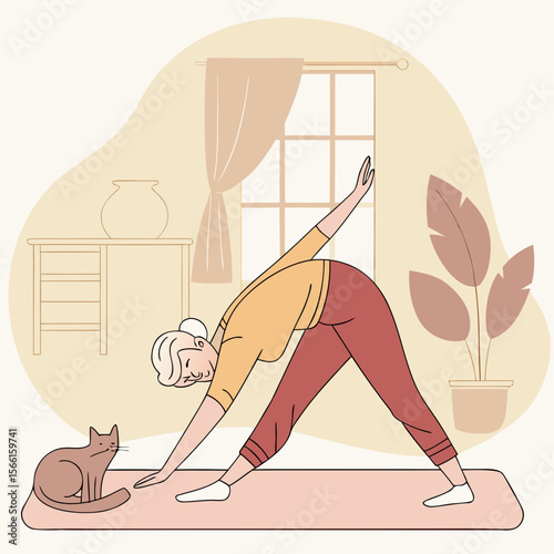 Woman doing yoga pose with a cat sitting nearby in a room with a window and a plant in a pot indoors
