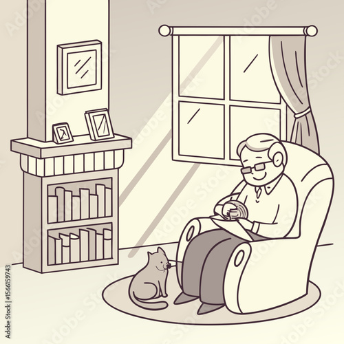 Illustration of an elderly man knitting in a chair with a cat nearby in a cozy living room setting