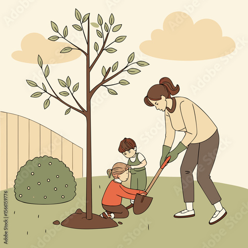 A woman and two children planting a tree in a yard with a fence and a bush under a cloudy sky outside