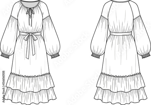 Boho peasant dress fashion flat sketch, tiered midi dress with puff sleeves, waist tie and lace-up neckline, front and back view