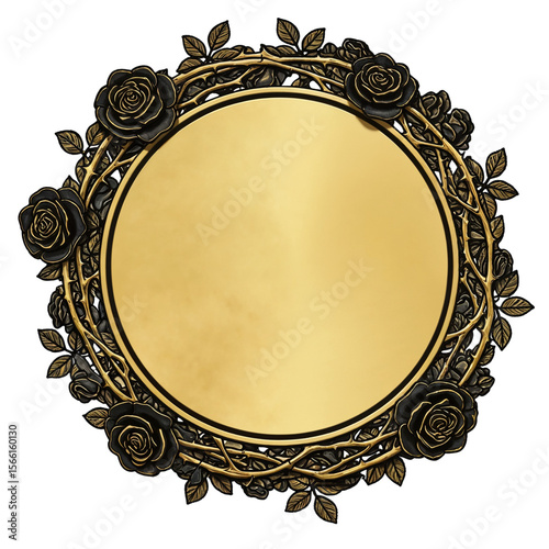 Decorative Vintage Medallion with an Ornate Wreath of Black Roses and Intertwined Thorns