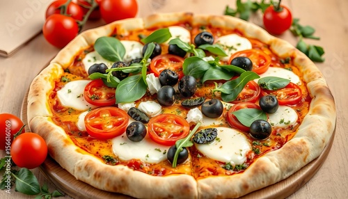 Artisan pizza with mozzarella, fresh tomatoes, goat cheese, spinach, Kalamata olives & pesto, rustic, restaurant