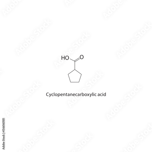 Cyclopentanecarboxylic acid skeletal structure. Carboxylic acid compound schematic illustration. Simple diagram, chemical formula.