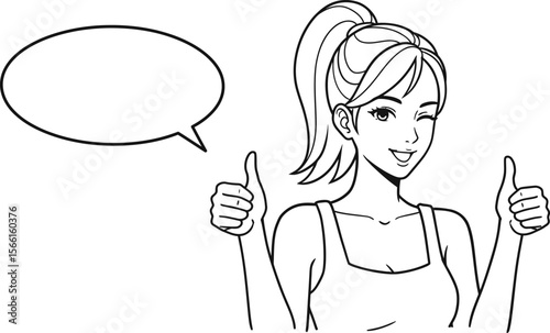 Girl winking with thumbs up and speech bubble line art vector illustration design template for coloring pages
