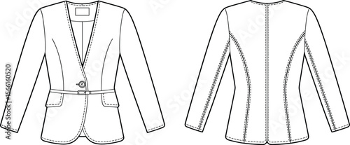 Tailored women’s blazer with belt flat sketch, front and back cad drawing vector, fashion design technical garment illustration