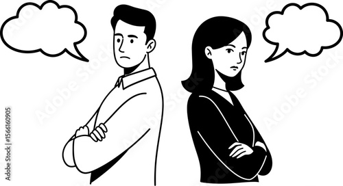 Illustration of couple conflict with speech bubbles for divorce and relationship problems concept