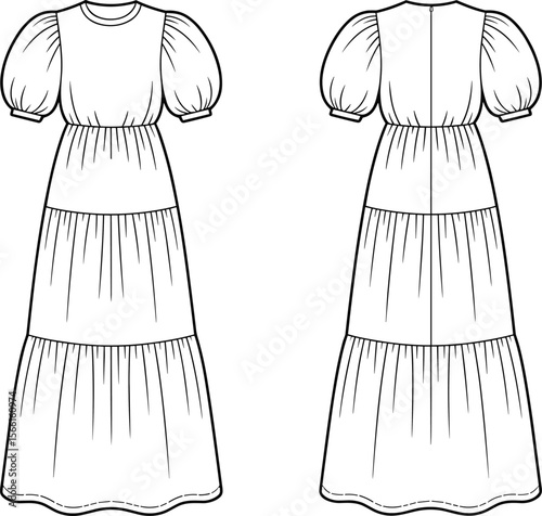 Fashion flat sketch of tiered puff sleeve long dress, technical cad vector illustration with front and back views for design