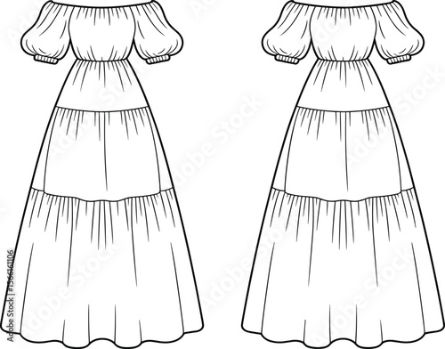 Off shoulder tiered maxi dress fashion cad drawing, front and back technical flat sketch vector illustration for garment design