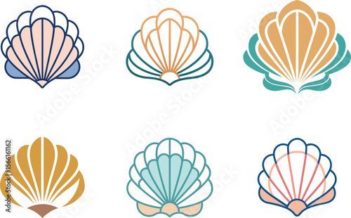 Elegant seashell elements offers a set of six stylized nautical designs with clean lines, suitable for branding or creative projects.