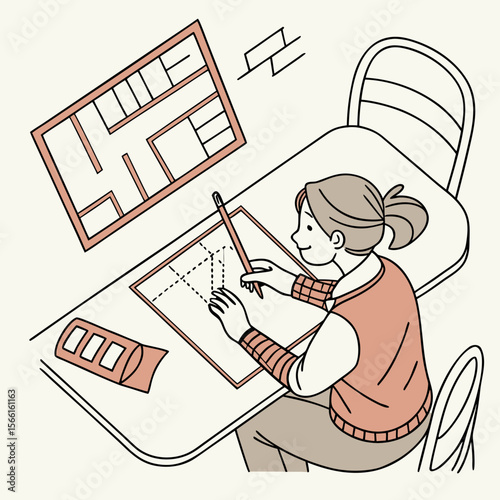 Illustration of a female architect drawing a building plan at a desk with a chair and a blueprint view
